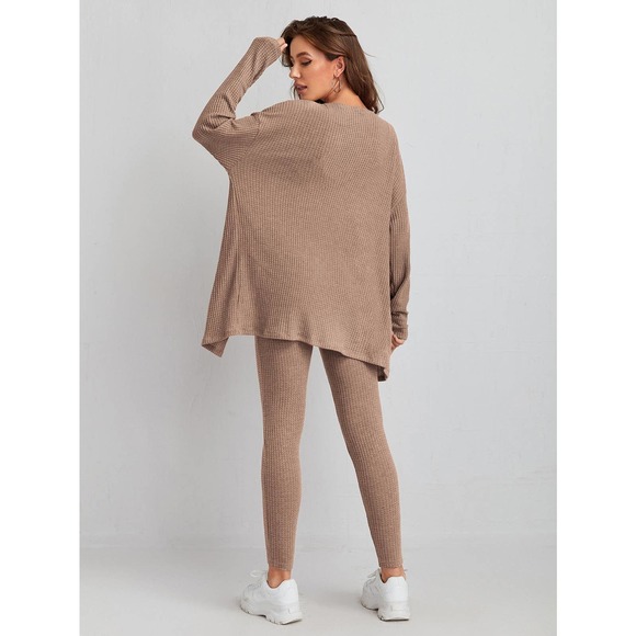 3 piece set: Waffle Knit Tank Top & Leggings & Coat cardigan mauve - Picture 7 of 11